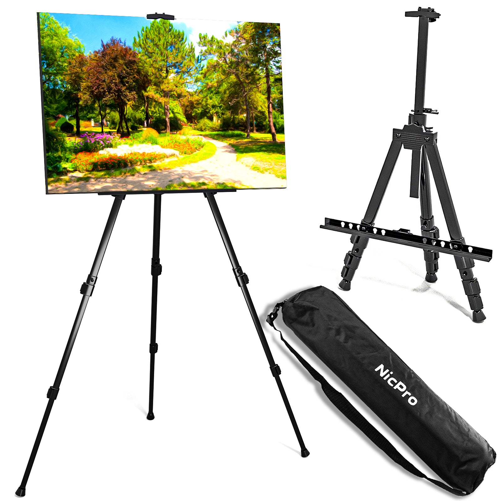 Nicpro Painting Easel for Display, Adjustable Height 17" to 63" Tabletop & Floor Art Easel, Aluminum Tripod Artist Easels Stand for Painting Canvas, Wedding Signs with Carry Bag - Black