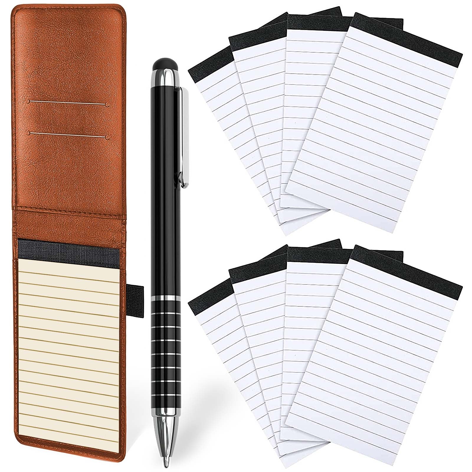 Nicpro Small Notepads Holder Set, 10 Pieces Mini Pocket Notebook PU Leather with 1pcs Metal Pen and 8pcs Lined Memo Book Refills for Meeting, Daily Records, Notes (Brown)