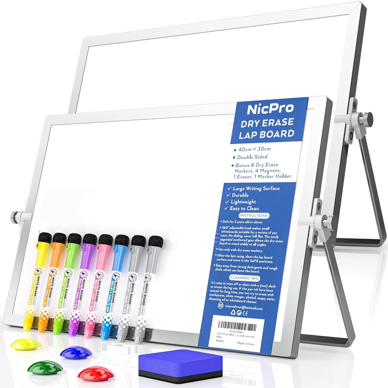 Nicpro Dry Erase Calendar Whiteboard, 12 x 16 inch Double Sided Large Magnetic Desktop White Board with Stand, 8 Pens, 1 Eraser, 4 Magnets, White Board Easel for Kids Memo to Do List Students School