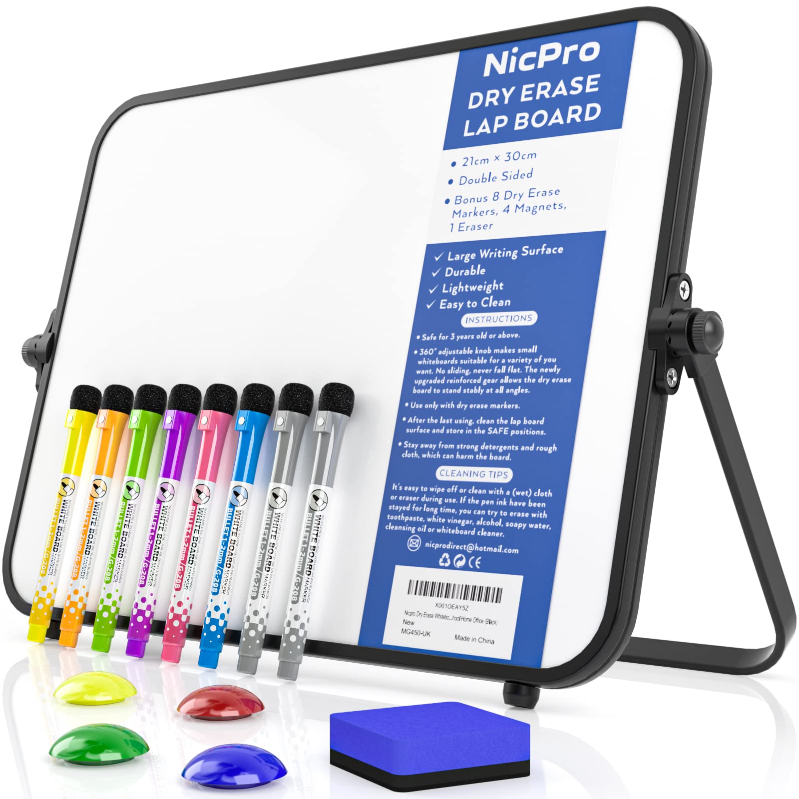 Nicpro Dry Erase Small Whiteboard A4 with Non-Slip Stand, 21 x 30 cm Double Sided Magnetic Desktop White Board 8 Pens, Eraser, Magnet, Portable Writing Easel, Blue, Green, Purple, White, (MG450)