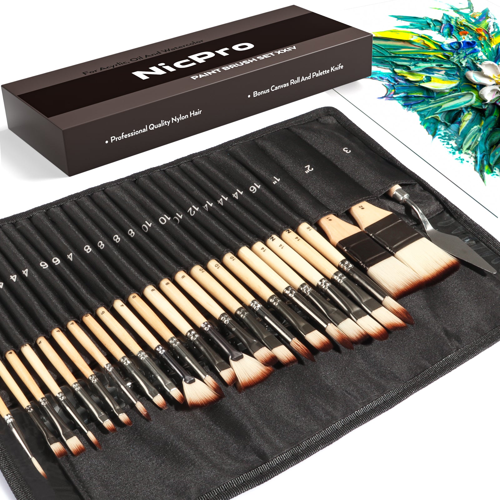 Nicpro 24 PCS Paint Brushes Set, Acrylic Paint Brush, Enhanced Synthetic Art Painting Supplies for Acrylic, Oil, Watercolour & Gouache Kids Adults with Cloth Roll Case and Palette Knife - Gift Package